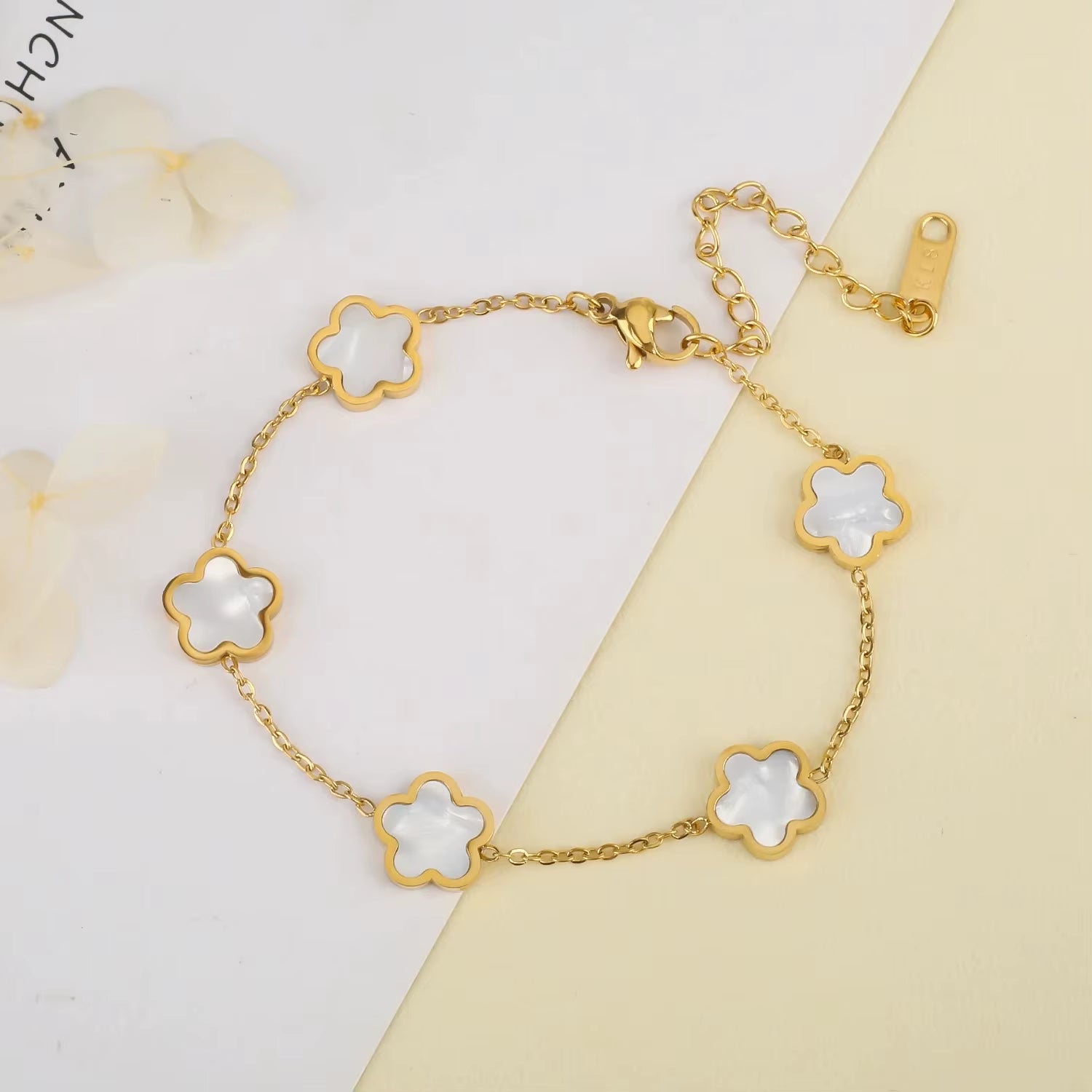 Elegant Gold-Plated Stainless Steel Plum Blossom Bracelet with Five Leaf Flower Design - Premium Jewelry Gift for Women