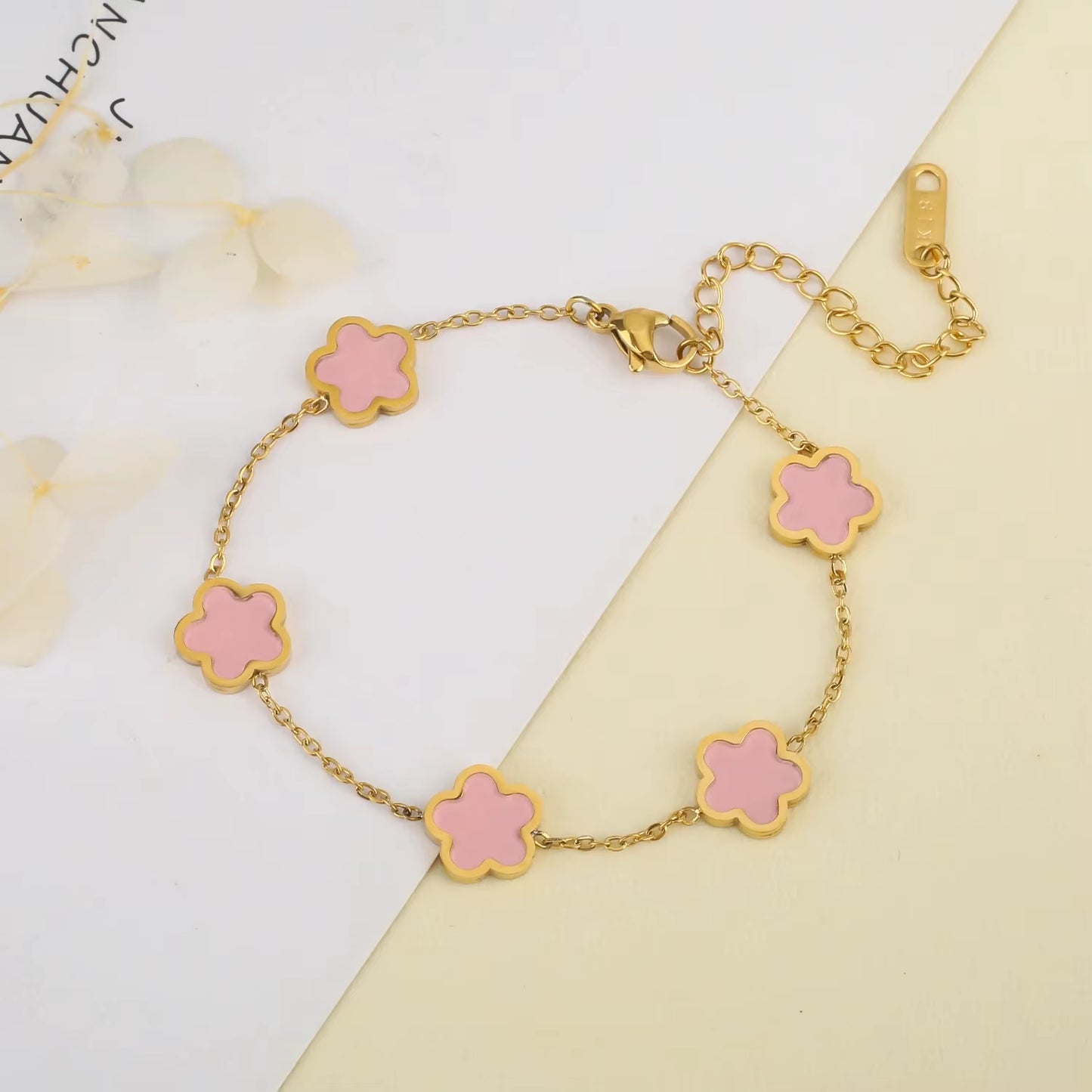 Elegant Gold-Plated Stainless Steel Plum Blossom Bracelet with Five Leaf Flower Design - Premium Jewelry Gift for Women