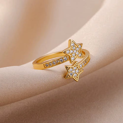 Zircon Double Star Rings for Women Girls Stainless Steel Gold Color Y2K Ring 2024 New Trending Wedding Party Aesthetic Jewelry