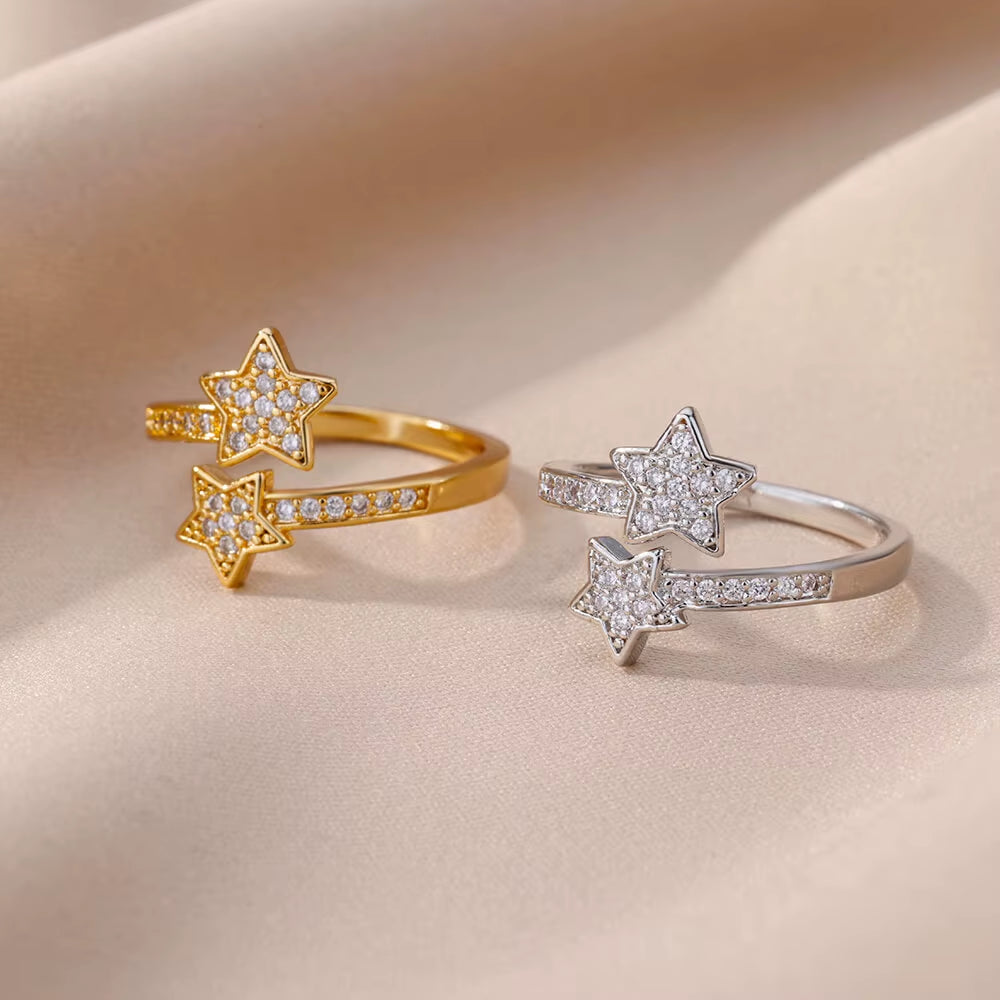 Zircon Double Star Rings for Women Girls Stainless Steel Gold Color Y2K Ring 2024 New Trending Wedding Party Aesthetic Jewelry