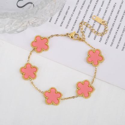 Elegant Gold-Plated Stainless Steel Plum Blossom Bracelet with Five Leaf Flower Design - Premium Jewelry Gift for Women