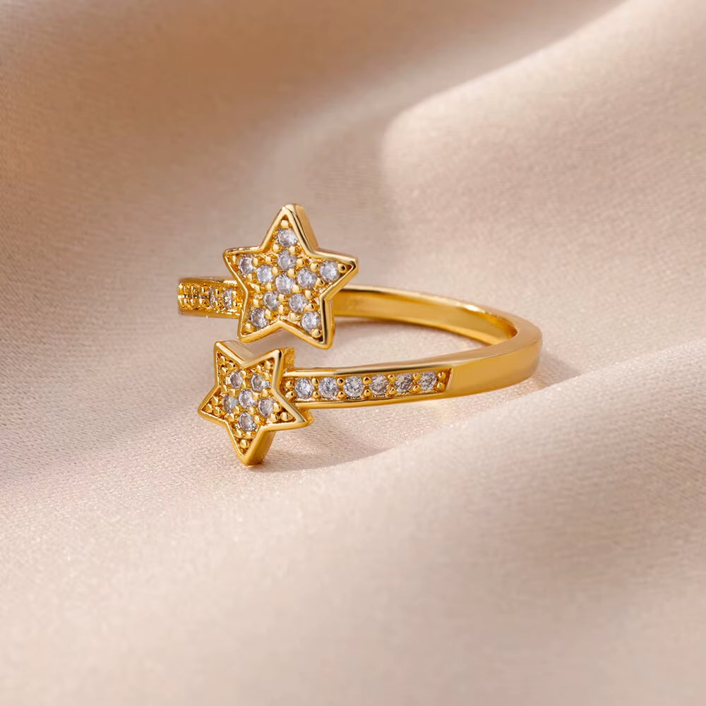 Zircon Double Star Rings for Women Girls Stainless Steel Gold Color Y2K Ring 2024 New Trending Wedding Party Aesthetic Jewelry