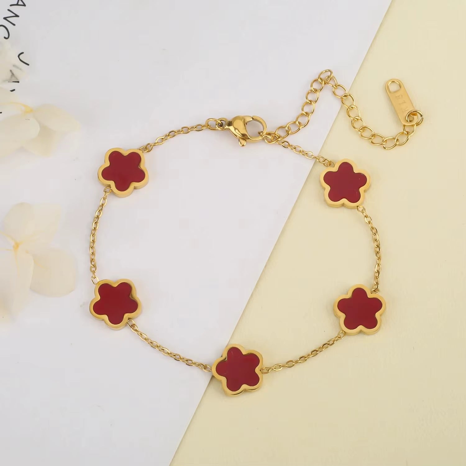 Elegant Gold-Plated Stainless Steel Plum Blossom Bracelet with Five Leaf Flower Design - Premium Jewelry Gift for Women