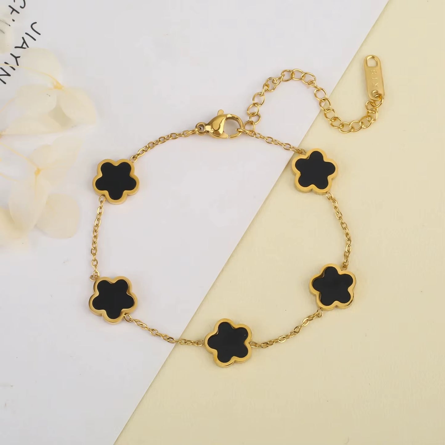 Elegant Gold-Plated Stainless Steel Plum Blossom Bracelet with Five Leaf Flower Design - Premium Jewelry Gift for Women