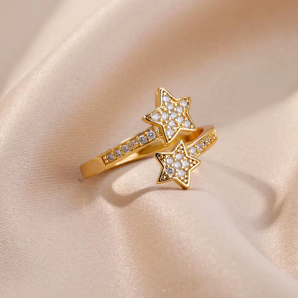 Zircon Double Star Rings for Women Girls Stainless Steel Gold Color Y2K Ring 2024 New Trending Wedding Party Aesthetic Jewelry