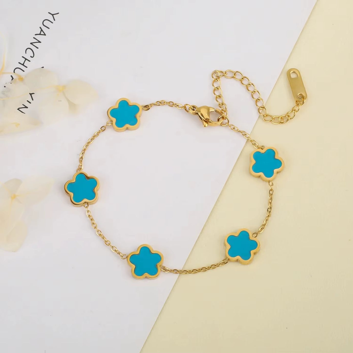 Elegant Gold-Plated Stainless Steel Plum Blossom Bracelet with Five Leaf Flower Design - Premium Jewelry Gift for Women