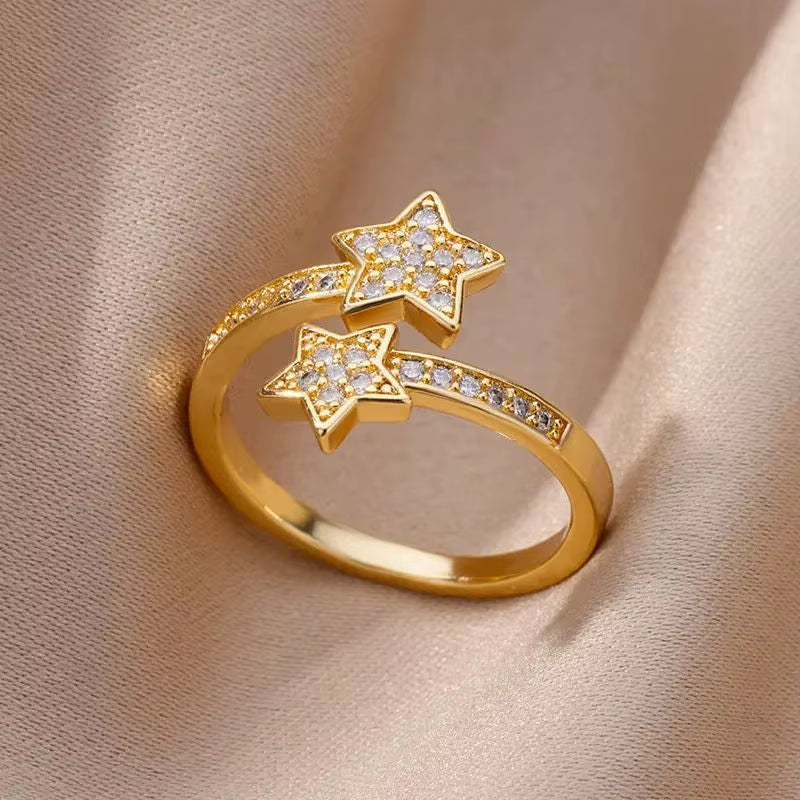 Zircon Double Star Rings for Women Girls Stainless Steel Gold Color Y2K Ring 2024 New Trending Wedding Party Aesthetic Jewelry